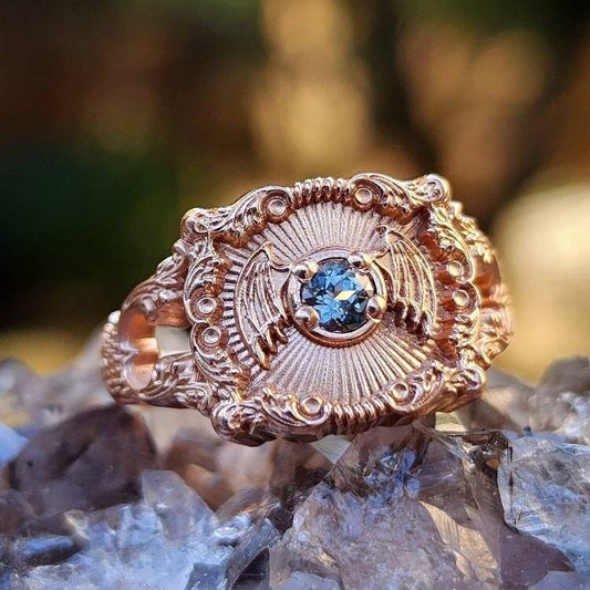 Baturday - Bat Signet Ring with Platinum Spinel -  Victorian Inspired Baroque Antique Styled Split Shank Ring - Drawlloween - 14k Rose Gold