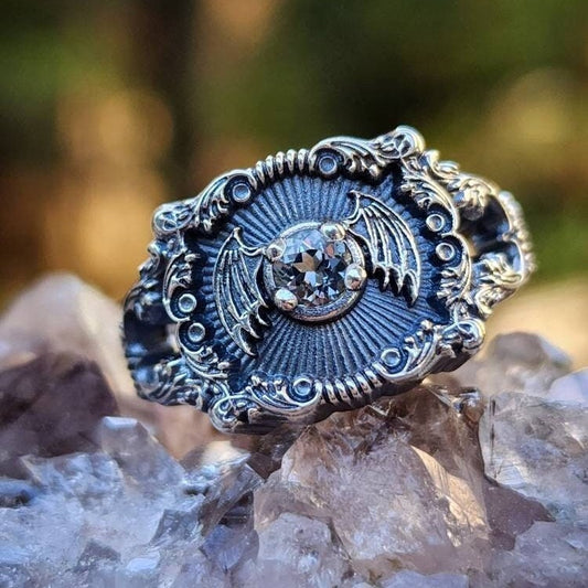 Baturday - Bat Signet Ring with Platinum Spinel -  Victorian Inspired Baroque Antique Styled Split Shank Ring Drawlloween - Sterling Silver