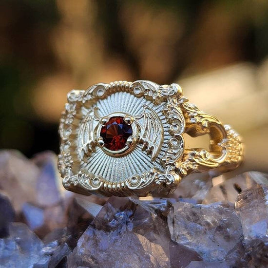 Baturday - Bat Signet Ring with Arizona Sunset Garnet -  Victorian Inspired Baroque Antique Styled Bat Wing Ring - 14k Yellow Gold