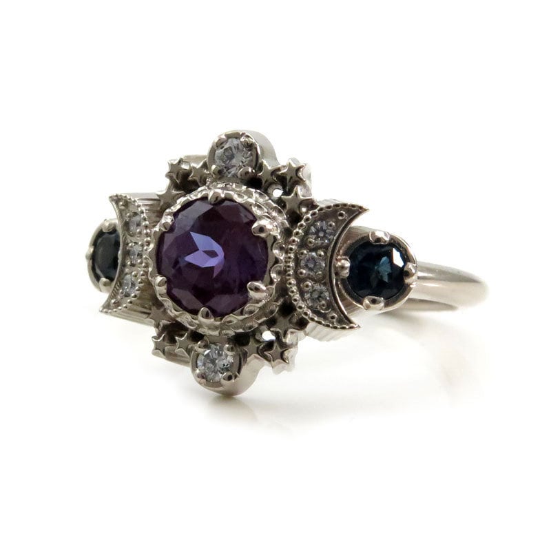 Alexandrite Engagement Ring with London Blue Topaz Cosmos Gothic Celestial Engagement Ring - 14k Palladium Gold - Cosmic Bohemian Jewelry