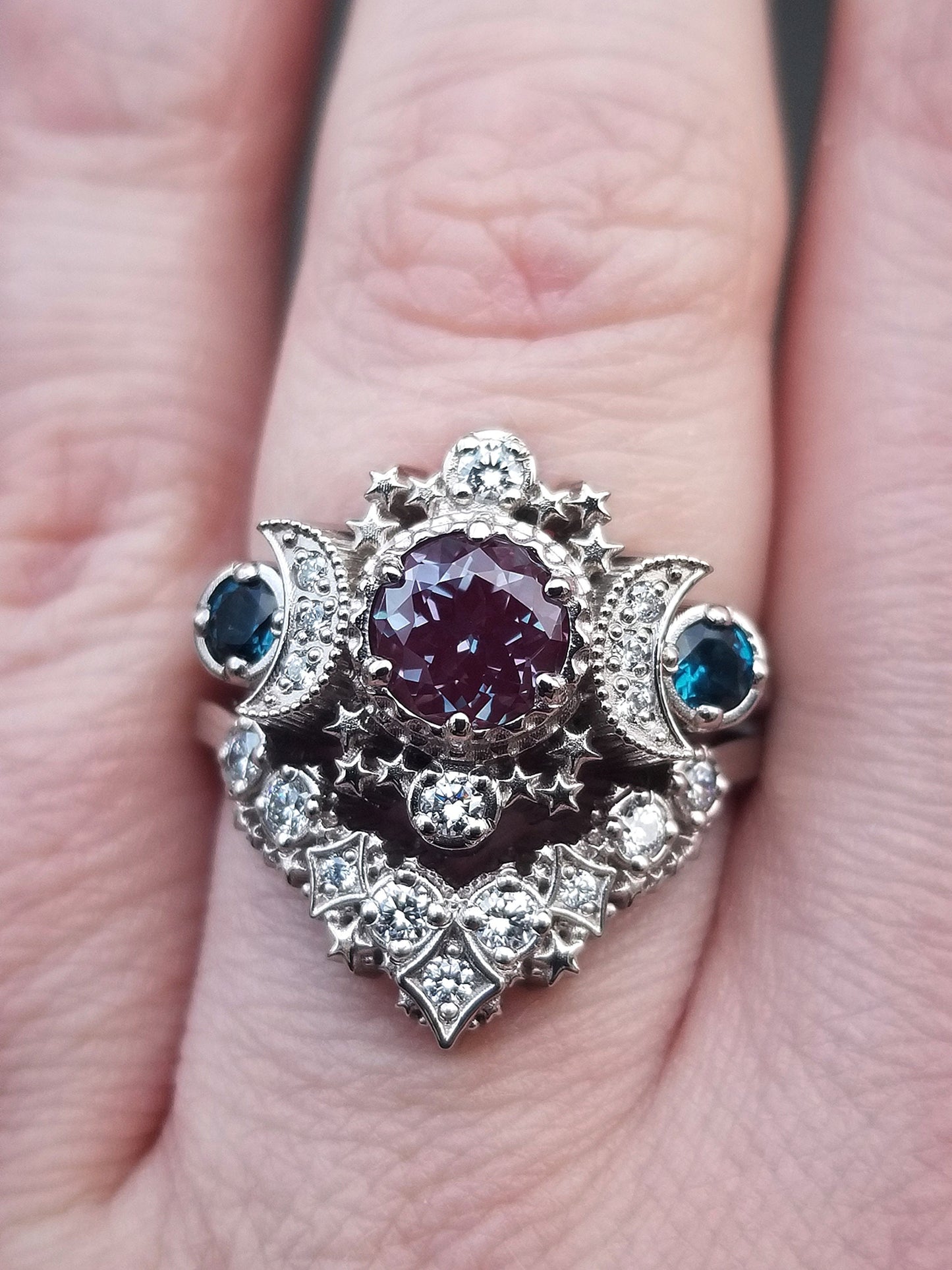 Load image into Gallery viewer, Engagement Ring Set Chatham Alexandrite &amp;amp; London Blue Topaz Celestial Triple Moon Ceremonial Ring - 14k Palladium Gold - Cosmic Jewelry
