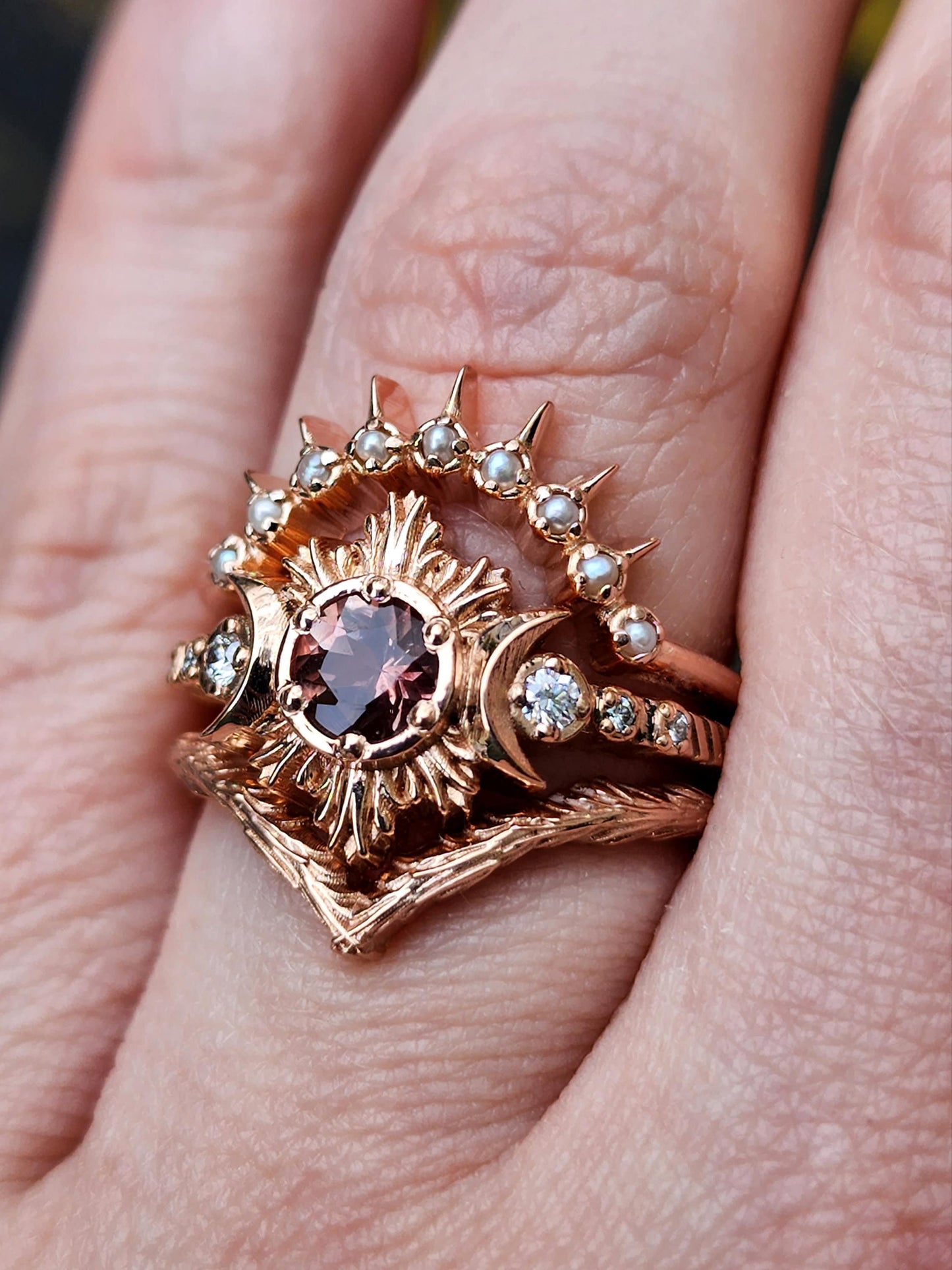 Ready to Ship Size 6 - 8- Oregon Sunstone Moon Fire 3 Ring Engagement Set - 14k Rose Gold - Pearl Sunray and Forest Chevron
