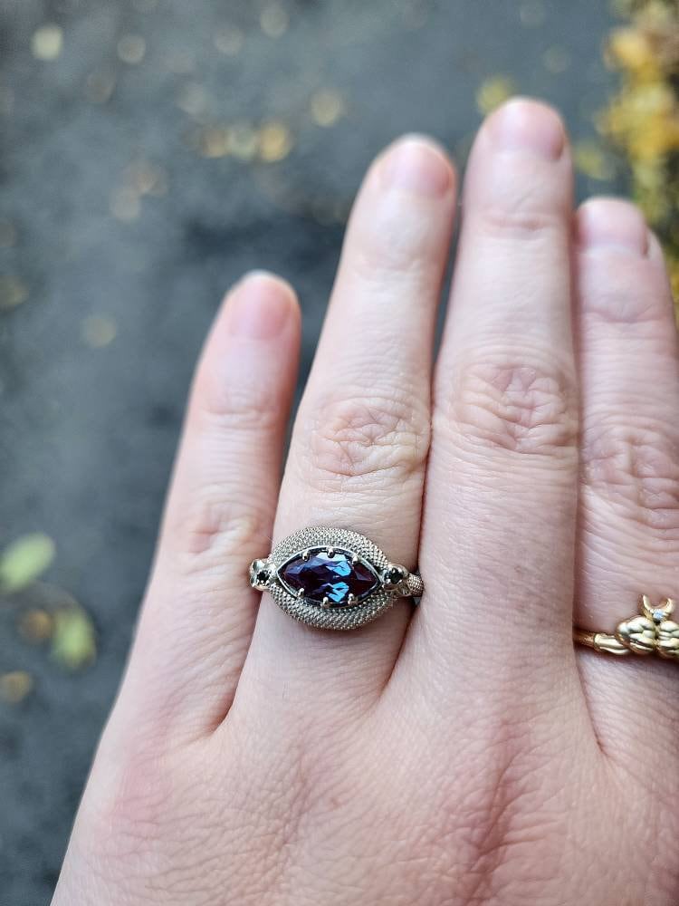 Double Trouble Alexandrite Marquise Snake Ring with Black Diamonds - Modern Gothic Victorian Engagement Ring - Color Change Gem