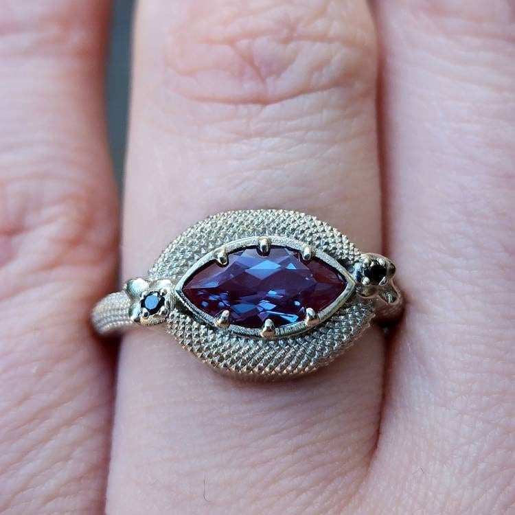Load image into Gallery viewer, Double Trouble Alexandrite Marquise Snake Ring with Black Diamonds - Modern Gothic Victorian Engagement Ring - Color Change Gem
