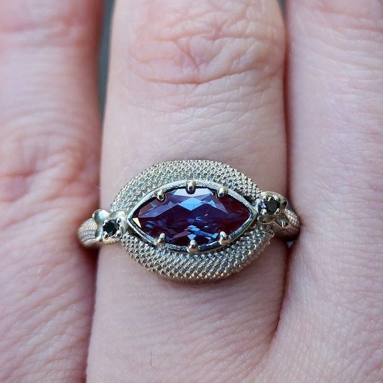 Load image into Gallery viewer, Double Trouble Alexandrite Marquise Snake Ring with Black Diamonds - Modern Gothic Victorian Engagement Ring - Color Change Gem
