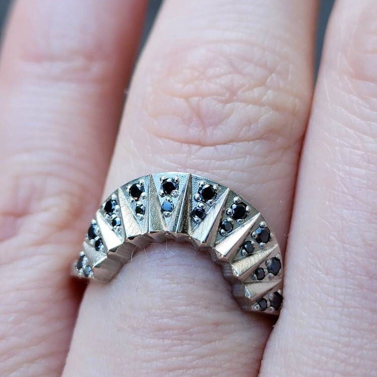Sun With Diamond Rays Short Sunrise Ring Wedding Band with Sun Rays and Diamonds - Modern Fi ...