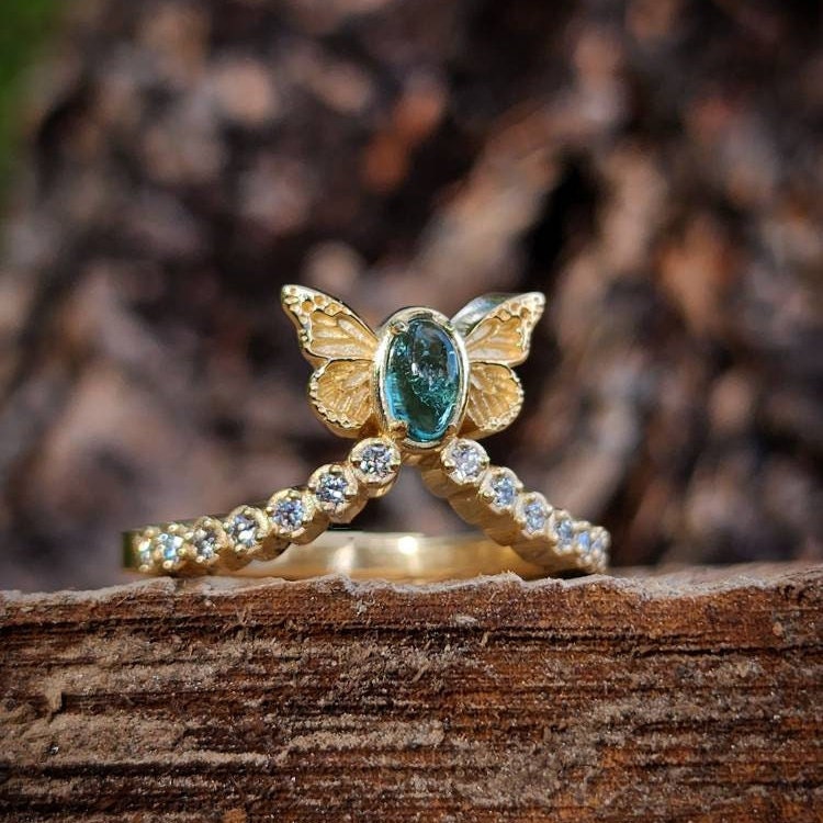 Sugar Baby Butterfly Diamond Chevron Ring - Natural Tourmaline Cabochon- 14k Yellow Gold - Pick Your Gemstone