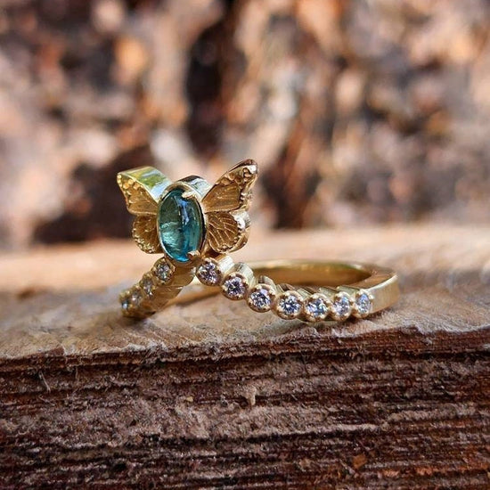 Load image into Gallery viewer, Ready to Ship Size 6 - 8 - Sugar Baby Butterfly Diamond Chevron Ring - Natural Tourmaline Cabochon- 14k Yellow Gold - Blue Butterfly Wing
