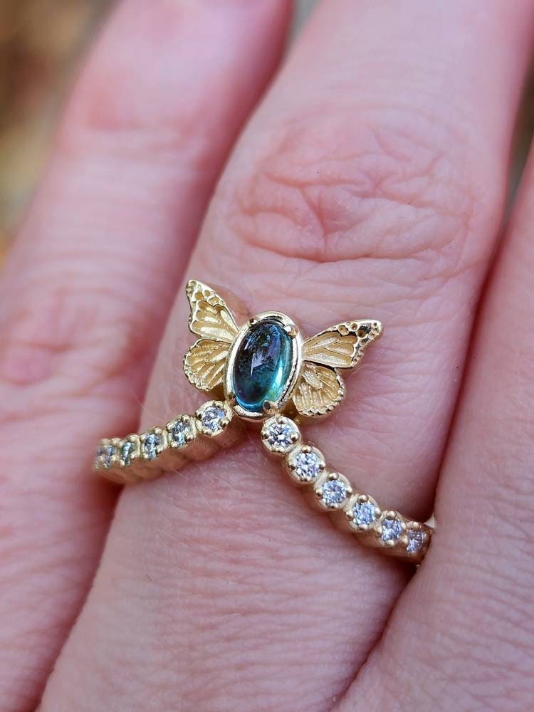 Load image into Gallery viewer, Ready to Ship Size 6 - 8 - Sugar Baby Butterfly Diamond Chevron Ring - Natural Tourmaline Cabochon- 14k Yellow Gold - Blue Butterfly Wing
