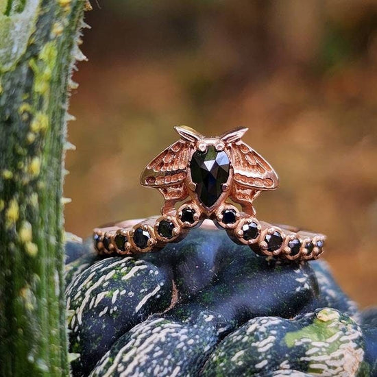 Goth Moth Black Diamond Chevron Ring - Rose Cut Black Diamond Pear - 14k Rose Gold - Stacking Diamond Wedding Band Nature Inspired