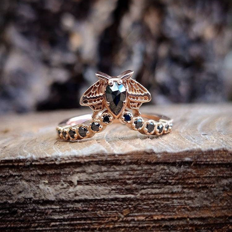 Goth Moth Black Diamond Chevron Ring - Rose Cut Black Diamond Pear - 14k Rose Gold - Stacking Diamond Wedding Band Nature Inspired
