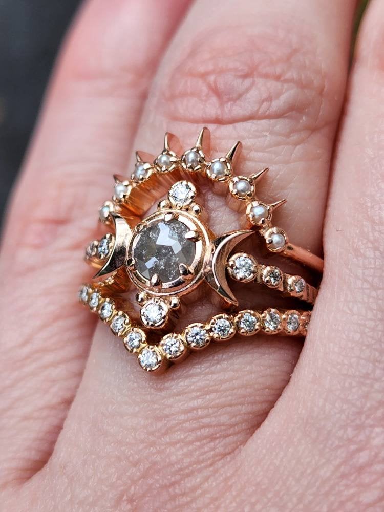 Ready to Ship Size 6 - 8- Rose Cut Gray Diamond Compass Moon 3 Ring Engagement Set - 14k Rose Gold - Pearl Sunray and Diamond Pave Chevron