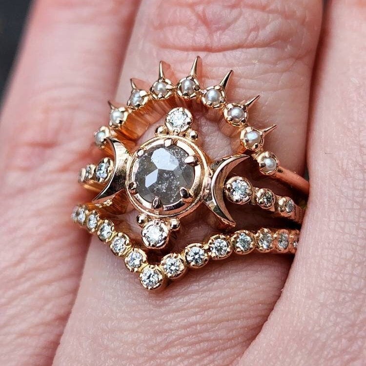 Ready to Ship Size 6 - 8- Rose Cut Gray Diamond Compass Moon 3 Ring Engagement Set - 14k Rose Gold - Pearl Sunray and Diamond Pave Chevron