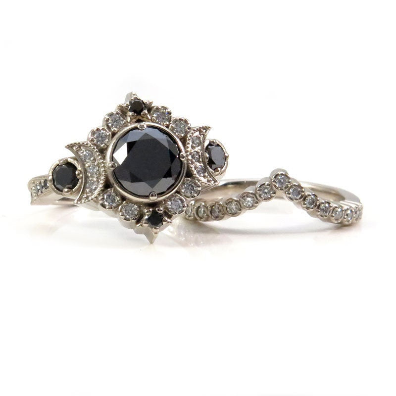 Engagement Ring Set - Black & White Diamond Selene Gothic Moon Engagement Ring Set - Celestial Bohemian -14k Rose, Yellow or White Gold