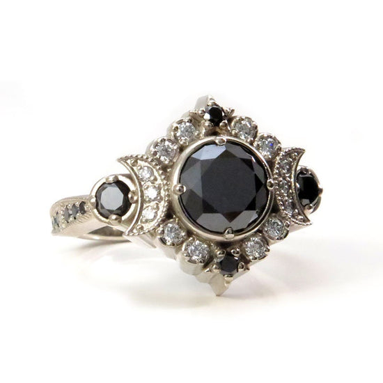 Engagement Ring Set - Black & White Diamond Selene Gothic Moon Engagement Ring Set - Celestial Bohemian -14k Rose, Yellow or White Gold