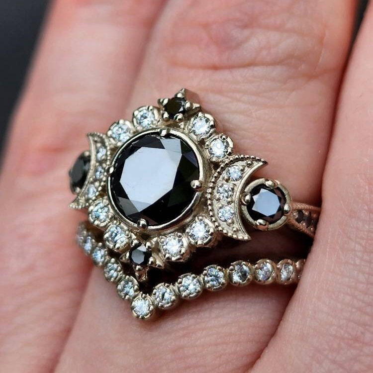 Ready to Ship Size 6.5 - 7.5 - Engagement Ring Set - Black & White Diamond Selene Gothic Moon Engagement Ring Set -14k Palladium White Gold