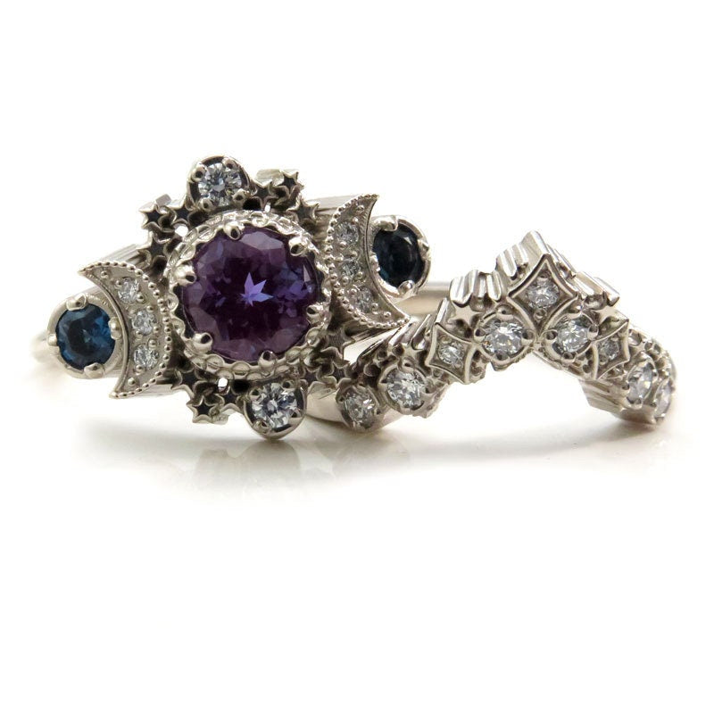 Engagement Ring Set Chatham Alexandrite & London Blue Topaz Celestial Triple Moon Ceremonial Ring - 14k Palladium Gold - Cosmic Jewelry