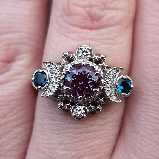 Alexandrite Engagement Ring with London Blue Topaz Cosmos Gothic Celestial Engagement Ring - 14k Palladium Gold - Cosmic Bohemian Jewelry