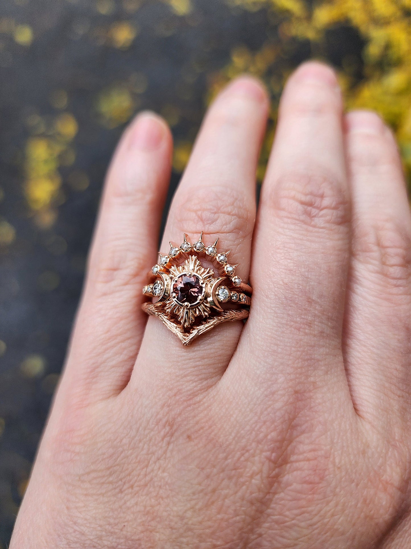 Ready to Ship Size 6 - 8- Oregon Sunstone Moon Fire 3 Ring Engagement Set - 14k Rose Gold - Pearl Sunray and Forest Chevron