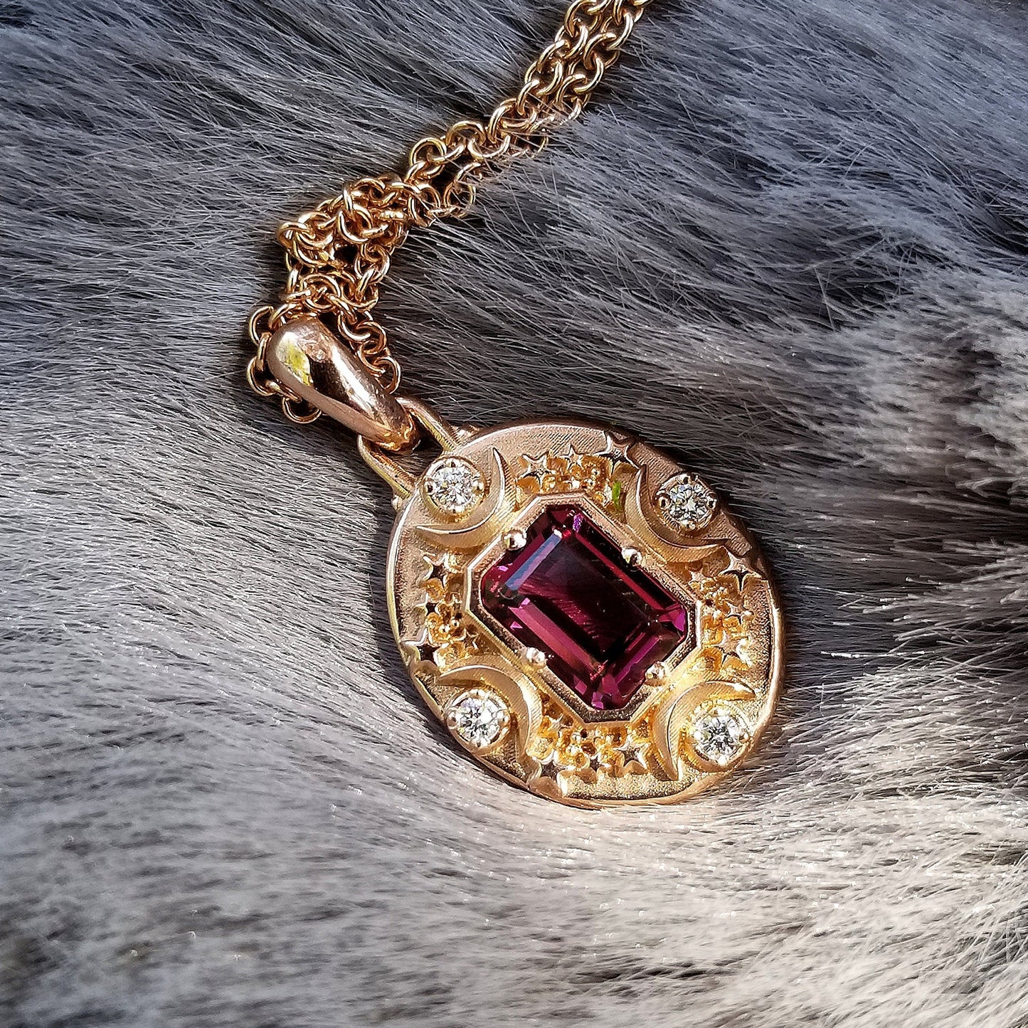 Load image into Gallery viewer, Artemis Pendant with Emerald Cut Rhodolite Garnet and Diamonds - 14k Rose Gold Handmade Jewelry with Crescent Moon &amp;amp; Stars
