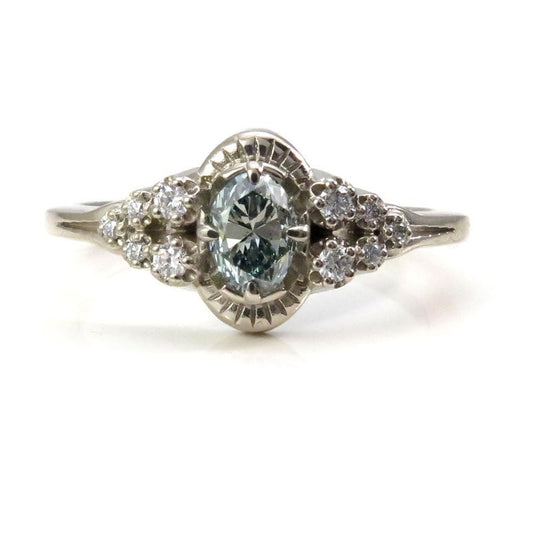 Ready to Ship Size 6 - 8 Half Carat Blue Diamond Oval Engagement Ring with Diamond Band & Forest Chevron 14k Palladium White Gold