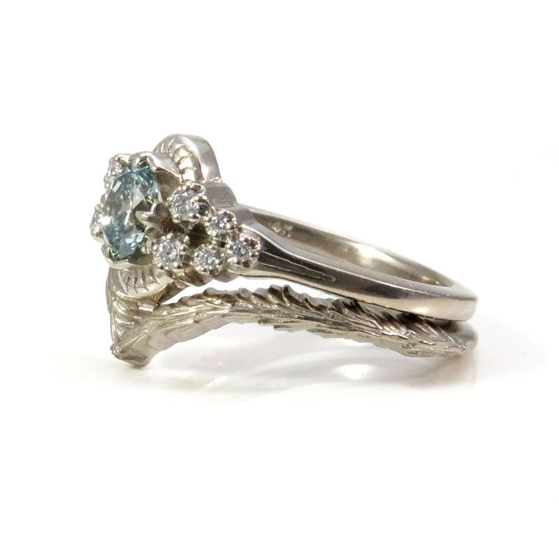 Ready to Ship Size 6 - 8 Half Carat Blue Diamond Oval Engagement Ring with Diamond Band & Forest Chevron 14k Palladium White Gold
