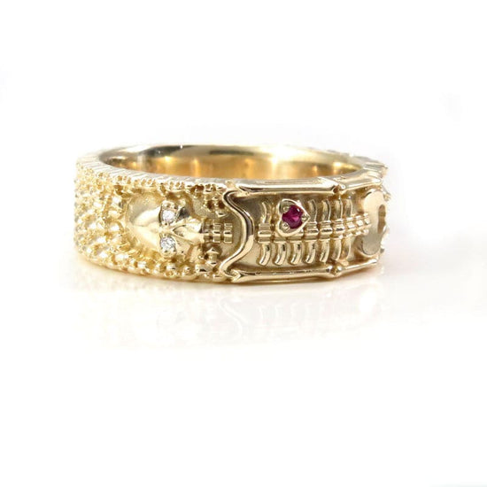 Load image into Gallery viewer, Skeleton Wedding Band with Diamond Eyes and Ruby Heart - 14k Yellow Gold - Memento Mori Modern Mourning Jewelry - Till Death Do Us Part
