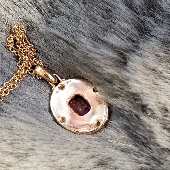 Load image into Gallery viewer, Artemis Pendant with Emerald Cut Rhodolite Garnet and Diamonds - 14k Rose Gold Handmade Jewelry with Crescent Moon &amp;amp; Stars
