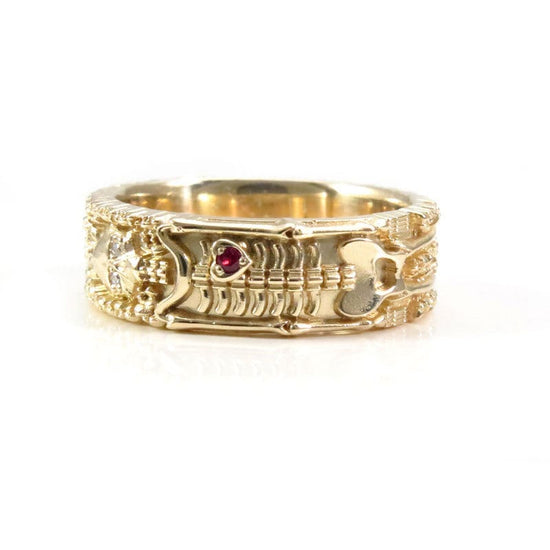 Load image into Gallery viewer, Skeleton Wedding Band with Diamond Eyes and Ruby Heart - 14k Yellow Gold - Memento Mori Modern Mourning Jewelry - Till Death Do Us Part
