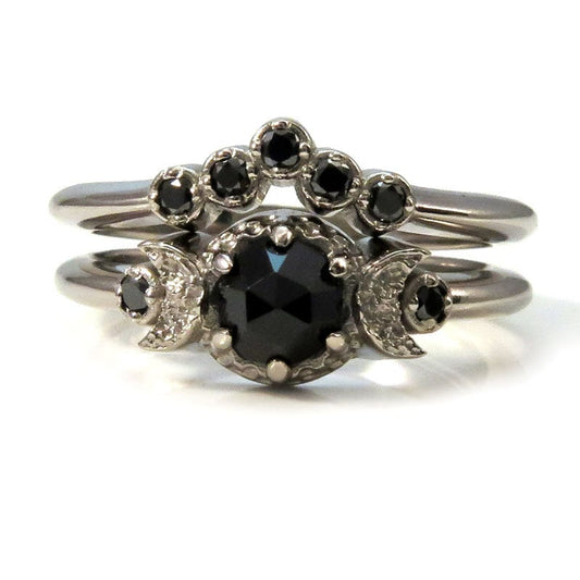 Black Diamond and Black Spinel Moon Engagement  - Victorian Gothic Palladium White Gold Ring Set