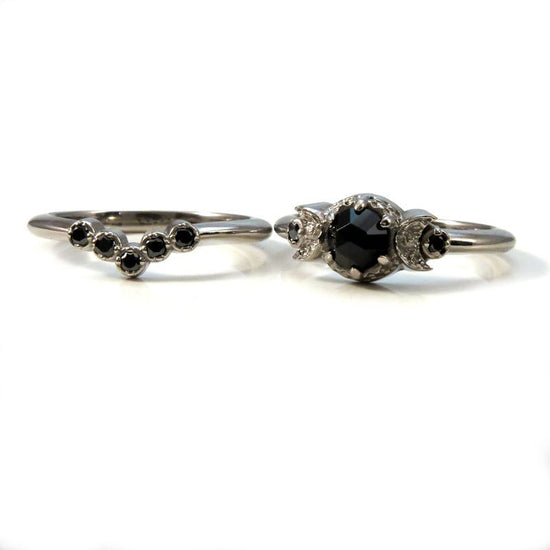 Load image into Gallery viewer, Black Diamond and Black Spinel Moon Engagement  - Victorian Gothic Palladium White Gold Ring Set
