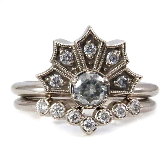 Modern Art Deco Engagement Ring Set - Crown Ring with Moissanite and Diamonds Chevron Diamond Wedding Band