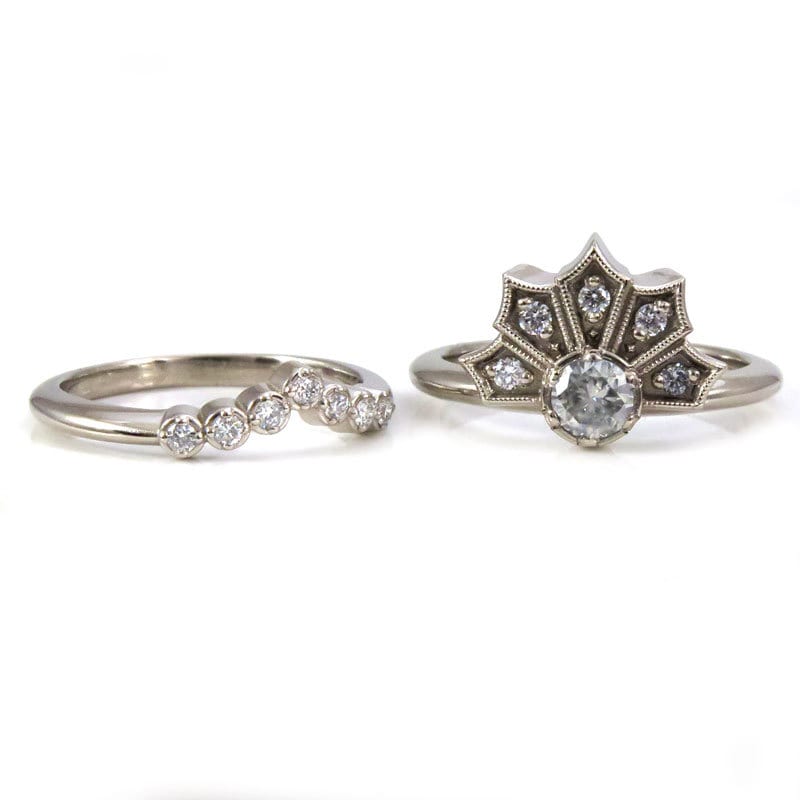 Modern Art Deco Engagement Ring Set - Crown Ring with Moissanite and Diamonds Chevron Diamond Wedding Band