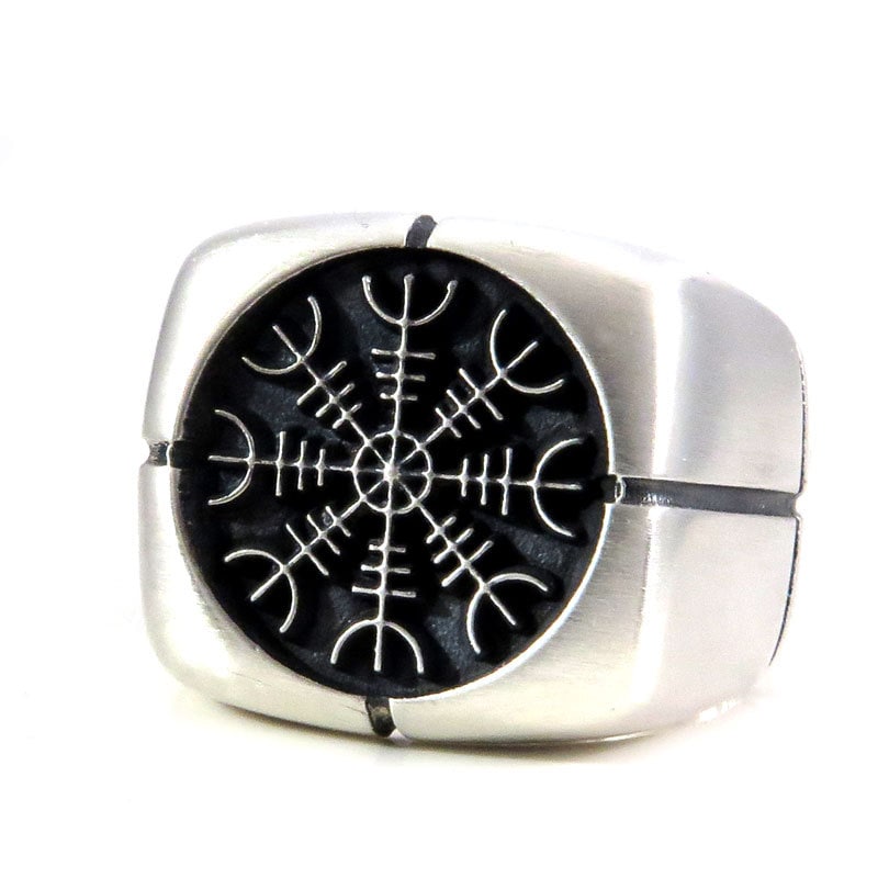 Mens Helm Of Awe Heavy Silver Square Norse Signet Ring